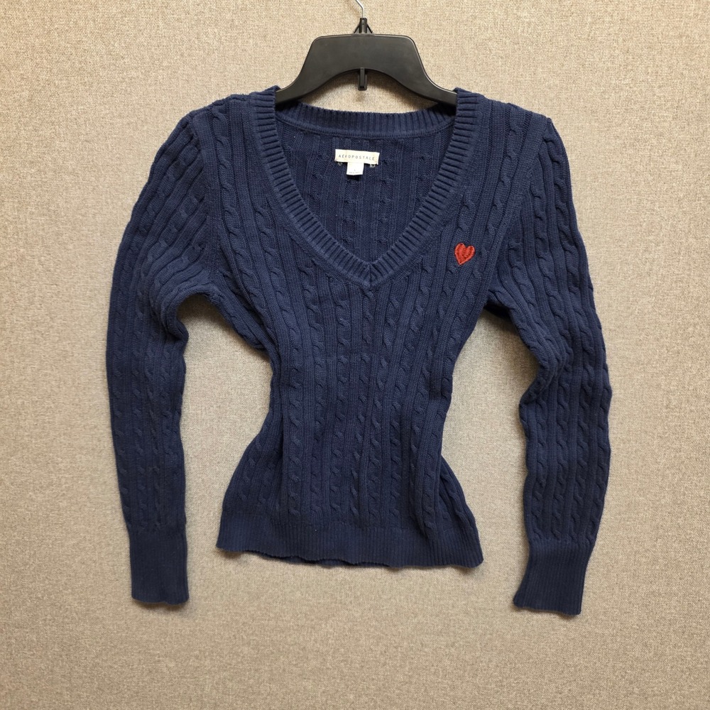 Aeropostale Navy Blue Coquette Y2K Cable Knit V-Neck Heart Sweater Large